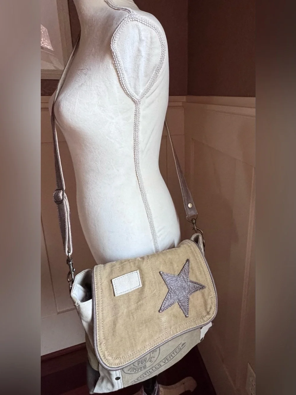 Myra Bag Olive and Cream Canvas Messenger with Brown Star Patch